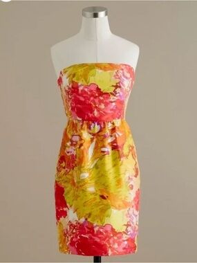 J.Crew 100% Silk Yellow & Pink Floral Strapless Mini Dress